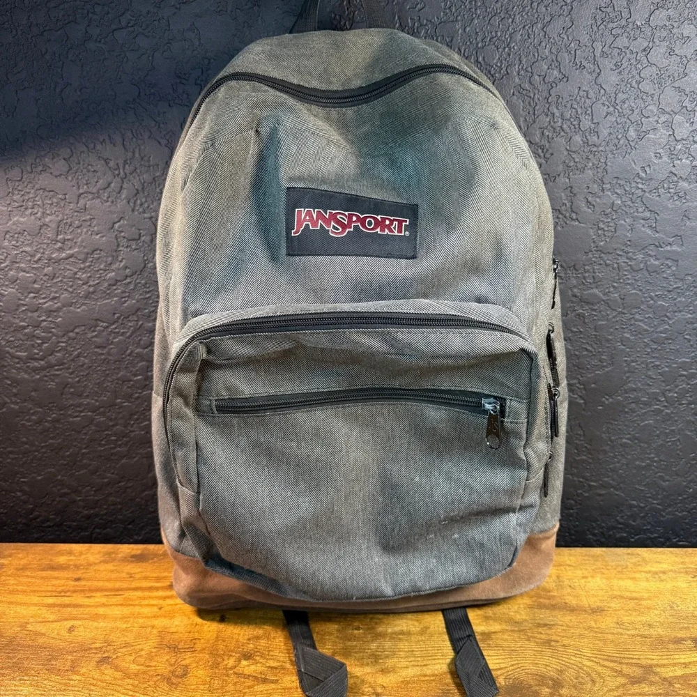 JanSport Right Pack Grey Herringbone Tweed Suede Backpack Unisex One Size